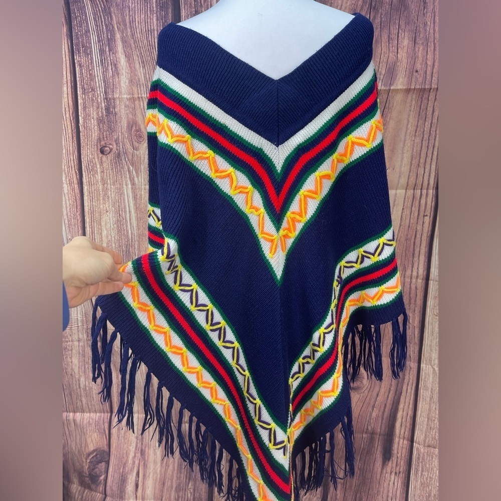 Miss Erika Inc Navy multi colored striped boho sweater poncho - Picture 6 of 14